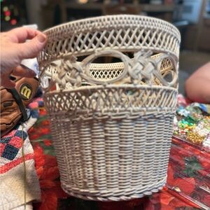 vintage white wicker wastebasket can